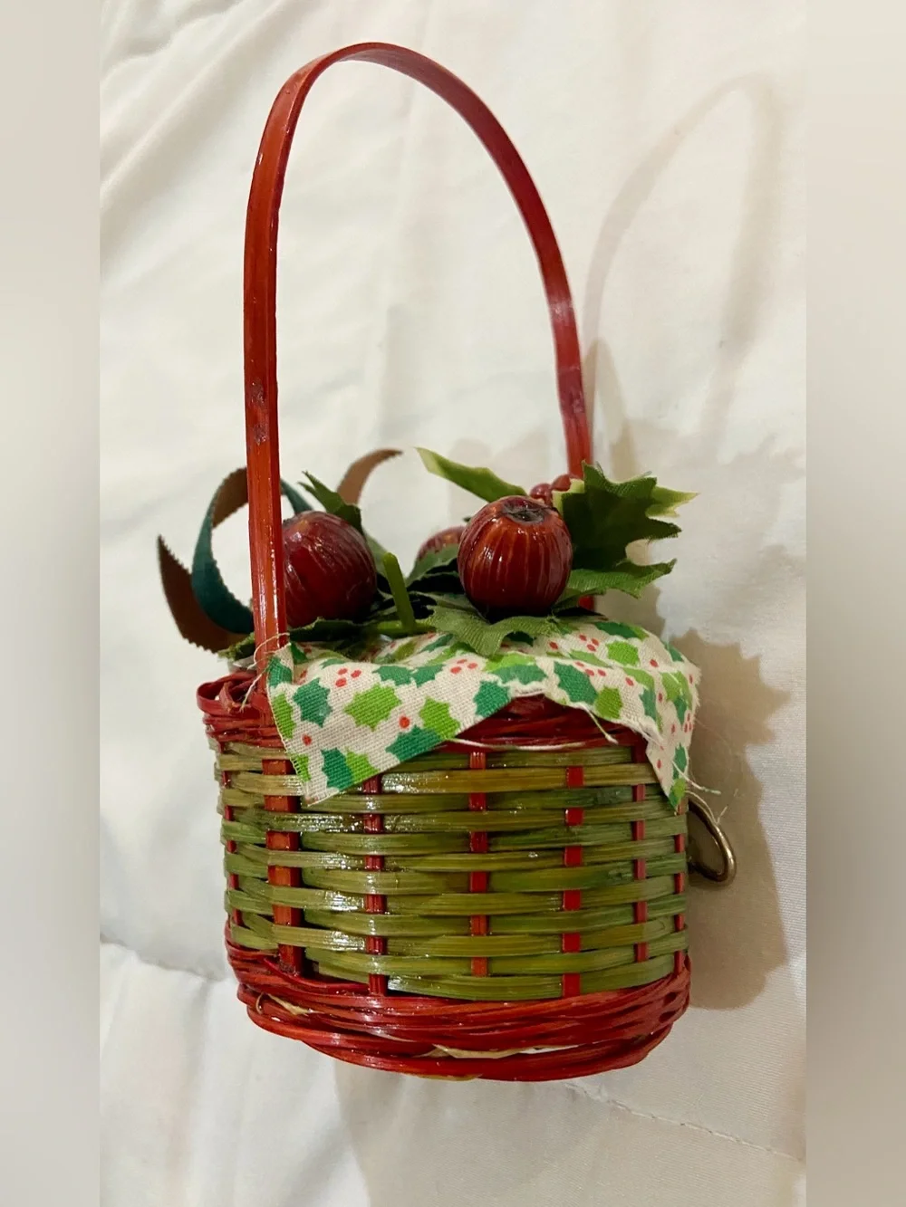 Vintage musical Christmas Holiday ornament wicker basket Holly and Berries